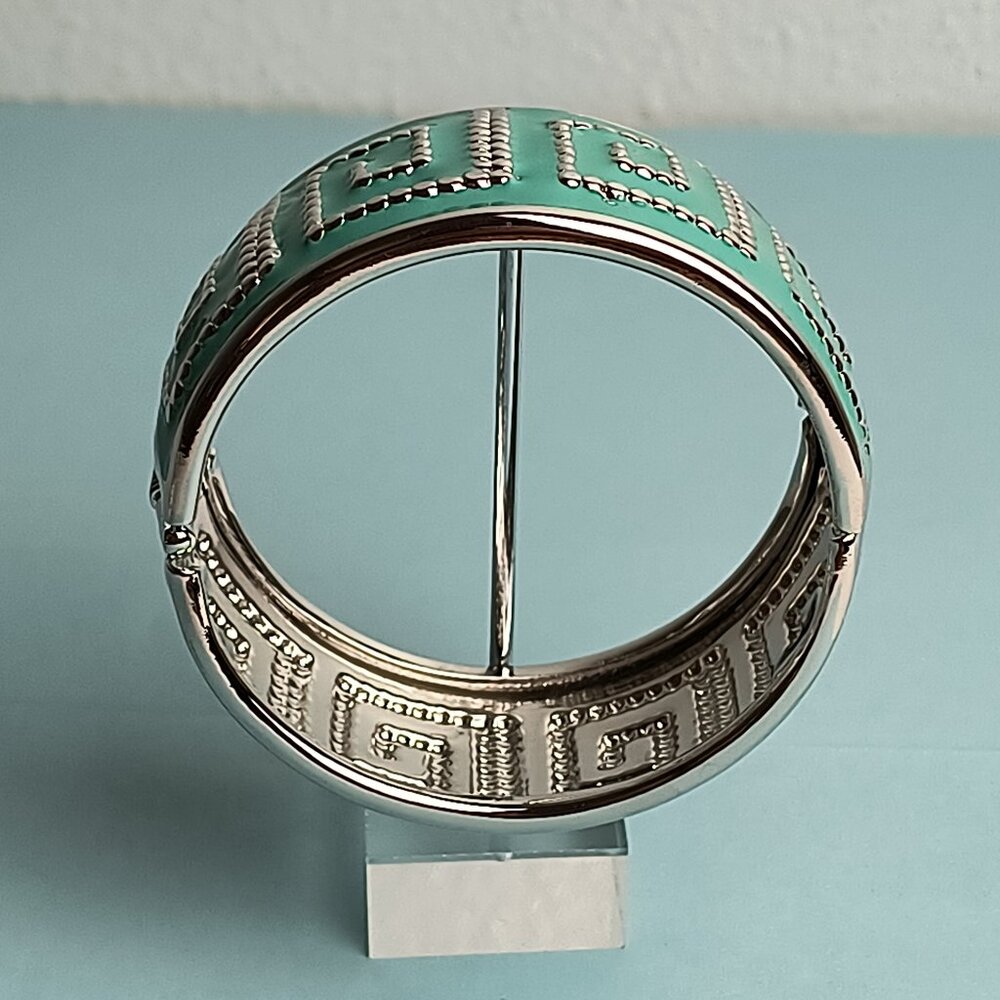 Statement Enamel Aztec Geometric Wide Hinged Cuff Bracelet Aqua Blue Sil…
